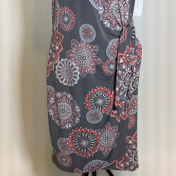 NWT Robbie Bee Gray Coral Floral Circles Faux Wrap Dress Womens Size Medium M - Picture 3 of 12